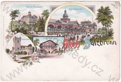  - Polsko - Salzbrunn - lázně, zámek, věž, litografie, koláž, kolorovaná