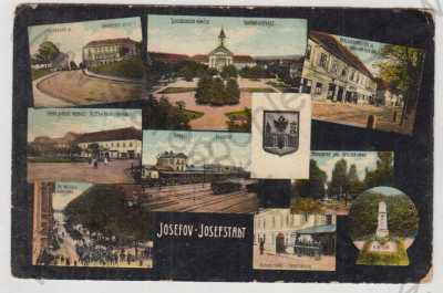  - Josefov (Josefstadt) - Náchod, více záběrů, pohled ulicí, náměstí, radnice, nádraží, důstojnický sad, hlavní stráž, pomník, erb, znak, kolorovaná, koláž