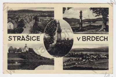  - Strašice v Brdech (Rokycany), koláž, celkový pohled, pohled na město z výšky, kostel, částečný záběr města, pomník