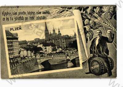  - Plzeň, koláž, most, pivo, muž, sud