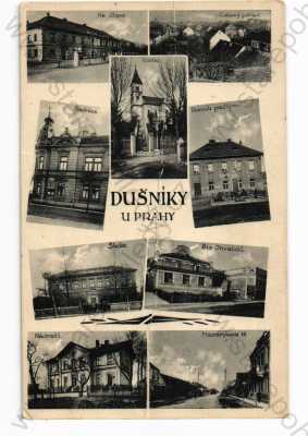  - Dušníky (Rudná), Praha-západ, koláž, více záběrů, pomník, kostel, radnice, škola, nádraží...
