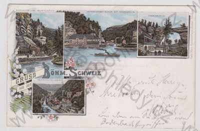  - České Švýcarsko (Böhm. Schweiz) - Děčín, více záběrů, Edmundova soutěska, restaurace, Hřensko, parník, PRavčická brána, kolorovaná, koláž, litografie, DA