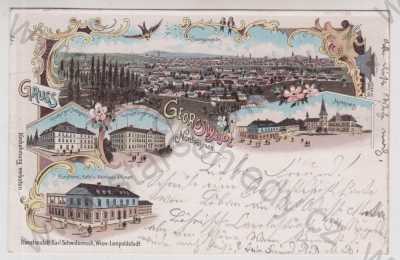  - Jiříkov (Georgswalde) - Děčín, více záběrů, celkový pohled, hostinec, škola, kavárna, vinárna, náměstí, kolorovaná, koláž, litografie, DA