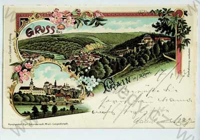  - Vranov nad Dyjí (Frain) - celkový pohled, zámek, řeka, litografie, DA, koláž, kolorovaná, více záběrů