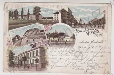  - Hodonín (Göding), více záběrů, kasárny, pohled ulicí, továrna, zámek, škola, kolorovaná, koláž, litografie, DA