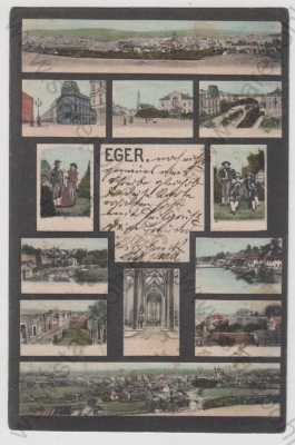  - Cheb (Eger), více záběrů, celkový pohled, náměstí, hrad, část města, kroj, kolorovaná