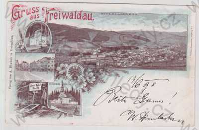  - Jeseník (Freiwaldau), více záběrů, celkový pohled, pramen, náměstí, kostel, koláž, litografie, DA