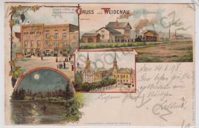  - Vidnava (Weidenau) - Jeseník, více záběrů, hotel, nádraí, rybník, náměstí, kolorovaná, koláž, DA
