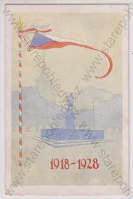  - Jičín, panorama, vlajka, Fr. Rassl: Pozdrav z Jičína k 28. říjnu 1928, kolorovaná