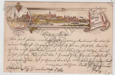  - Litoměřice (Leitmeritz), více záběrů, celkový pohled, náměstí, kolorovaná, koláž, litografie, DA