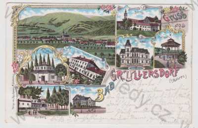  - Velké Losiny (Gross Ullersdorf) - Šumperk, více záběrů, celkový pohled, vila, náměstí, zámek, pramen, kolorovaná, koláž, litografie, DA