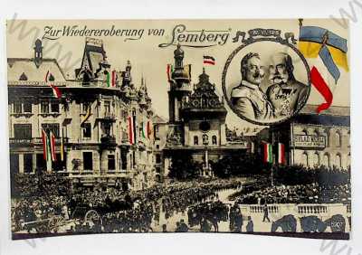  - Ukrajina - Lvov - koláž, náměstí, zástupy lidí, vojáci, 