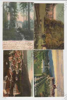  - 4x Mariánské Lázně (Marienbad), Cheb, kolorovaná, hotel, celkový pohled, pohled na město z výšky, Waldquelle-lázeňský pramen, partie z parku