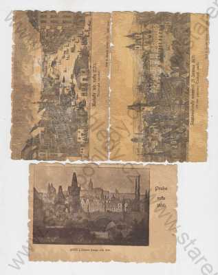  - 3x Praha, Koňský trh roku 1720 (Václavské náměstí), Staroměstské náměstí 21.června 1621 (v den popravy Českých pánů), Praha roku 1850, Hradčany, Karlův most, řeka, litografie