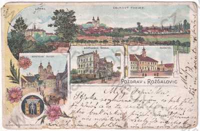  - Rožďalovice - celkový pohled, Kostelní ulice, škola, radnice, znak, litografie, DA, koláž, kolorovaná
