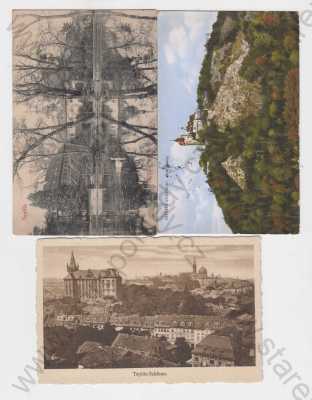  - 3x Teplice (Teplitz), zámecký park, Doubravská hora (Schlossberg), kolorovaná, celkový pohled, pohled na město z výšky