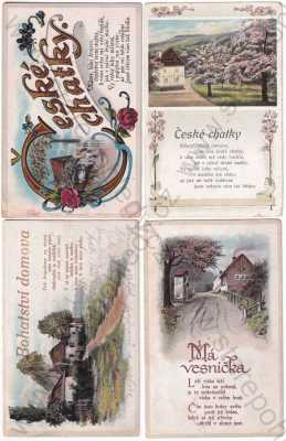  - České chatky, bohatsví doma, má vesnička - 4 ks, litografie, koláž, kolorovaná