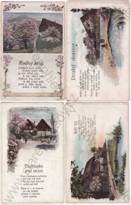  - České chatky - drahý domov, Boží ráj, rodný kraj, chaloupka pod strání, litografie, DA, koláž, kolorovaná