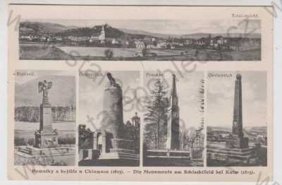  - Chlumec (Kulm) - Ústí nad Labem), více záběrů, celkový pohled, pomníky z bojiště u Chlumce (1813)