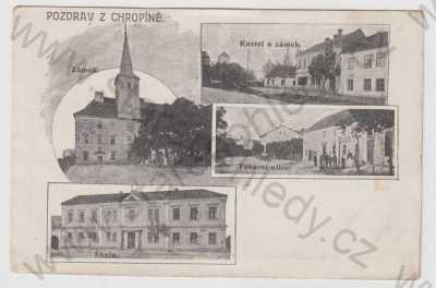  - Chropyně (Chropíně) - Kroměříž, více záběrů, zámek, kostel, Tovární ulice, škola, koláž