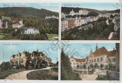  - 4x Mariánské lázně (Marienbad) - Cheb, synagoga, pohled ulicí, část města, Café Rübezahl, Café Bellevue, kolorovaná