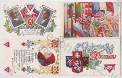  - 4x YMCA, vlajka, Vojenský domov, erb, znak, T.G. Masaryk, žena, kroj, text, Matičce..., kolorovaná