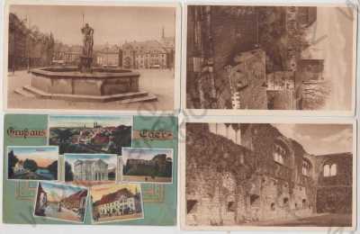  - 4x Cheb (Eger), Chebský hrad, Mlýnská věž, Bankettsaal, náměstí, kašna, více záběrů, celkový pohled, divadlo, Stadthaus, kolorovaná, koláž