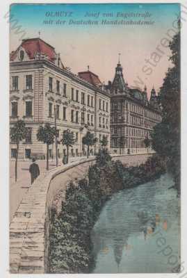  - Olomouc (Olmütz), pohled ulicí, řeka, Handelsakademie, kolorovaná