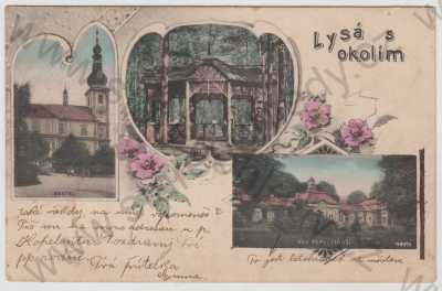  - Lysá nad Labem (Nymburk), více záběrů, kostel, altán, Bon Repos (Zátiší), kolorovaná, koláž