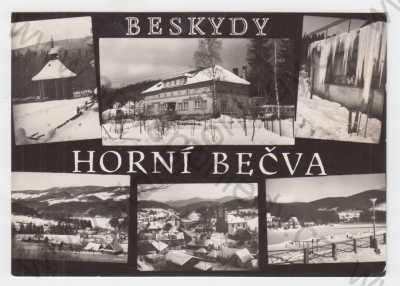  - Horní Bečva (Vsetín), Beskydy, koláž, celkový pohled, zvonička na Hlavaté, zima na Martiňáku, v pozadí Radhošť, střed obce, část rekreačního střediska nad přehradou, Orbis