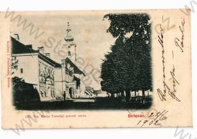  - Bjelovar, Chorvatsko, pohled ulicí, kostel, tónovaná, DA
