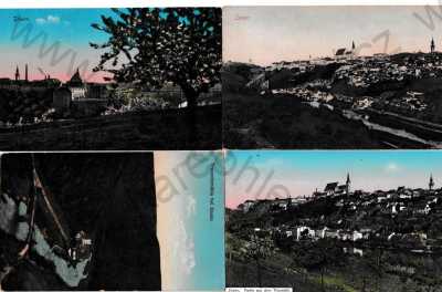 - 4x Znojmo Znaim Dyje Thaya barevná, celkový pohled, kostel, zámek, mlýn