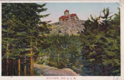  - Ještěd, Jeschken, Liberec, Reichenberg, celkový pohled, rozhledna, chata, barevná