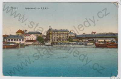  - Ústí nad Labem (Aussig), přístav, loď, parník, část města, kolorovaná
