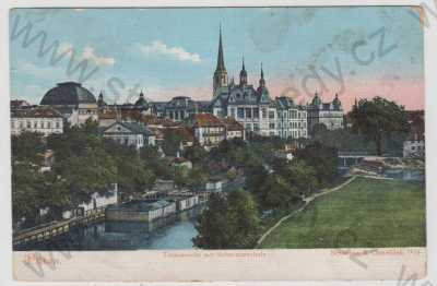  - Plzeň (Pilsen), celkový pohled, plavecká škola, kolorovaná, DA