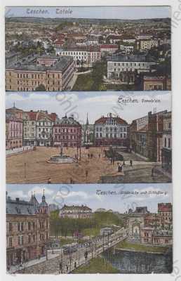  - Těšín (Teschen) - Karviná, více záběrů, celkový pohled, náměstí, most, Schlossberg, kolorovaná