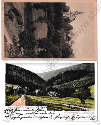  - 2x Janské lázně Johannisbad Trutnov, celkový pohled, barevná, kostel