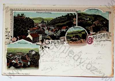  - Krupka - celkový pohled, Vilémova výšina (Wilhelmshöhe), Rosenburg, litografie, DA, koláž, kolorovaná, více záběrů