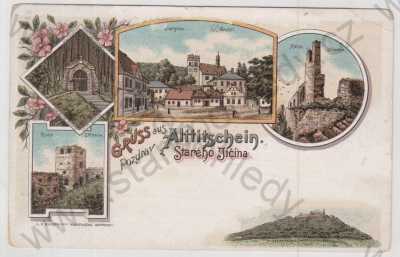  - Starý Jičín (Alttitschein) - Nový Jičín, více záběrů, náměstí, zřícenina, Mariánská jeskyně, kolorovaná, koláž, litografie, DA