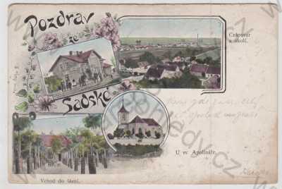  - Sadská (Nymburk), více záběrů, nádraží, cukrovar, část města, vchod do lázní, U sv. Apolináře, kostel, kolorovaná, koláž