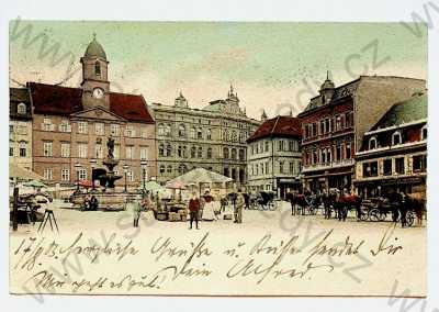  - Teplice - náměstí, kolorovaná, kočár, koně, kašna, DA