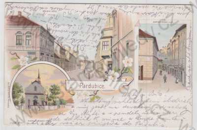  - Pardubice, více záběrů, pohled ulicí, Kostelíček Panny Marie, Bartolomějská ulice, Smilova ulice, kolorovaná, koláž, DA