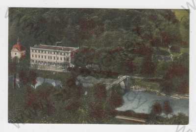  - Teplice nad Bečvou (Teplitz bei Mähr. Weisskirchen), Přerov, kolorovaná, řeka, most, kostel, pohled z výšky