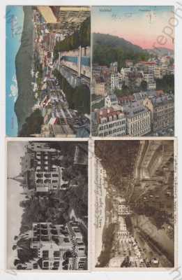  - 4x Karlovy Vary (Karlsbad), evangelický hospic, částečný záběr města, pohled na město z výšky, řeka, kolorovaná, kolonáda, automobil, most, panorama