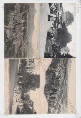  - 4x Františkovy Lázně (Franzensbad), Cheb, celkový pohled, pohled na město z výšky, kolorovaná, Kursaal, park, kolonáda, divadlo, DA