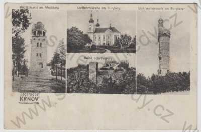  - Krnov (Jägerndorf) - Bruntál, více záběrů, rozhledna, kostel, zřícenina