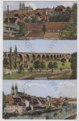  - Cheb (Eger), více záběrů, část města, železniční viadukt, kolorovaná