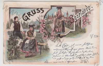  - Chebsko (Egerlande), více záběrů, žena, muž, kroje, část města, kolorovaná, koláž, litografie, DA