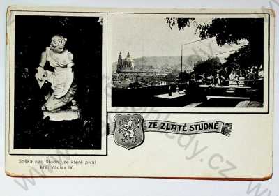  - Praha - restaurace ve Zlaté studni, zahradní restaurace, soška na studní, ze které píval král Václav IV., více záběrů