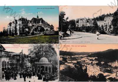  - 4x Mariánské lázně, Cheb, Eger, celkový pohled, kolonáda, koncert, café restaurace Rübezahl, hotel New York, barevná